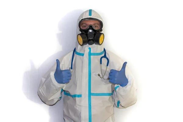 Doctor Safety Suit White Background Protection Coronavirus — Stock Photo, Image