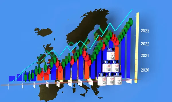 3D插图 以欧洲地图为背景的股市图正在上升 以获得批准 — 图库照片