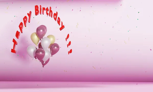 風船と落下コンフェッティで誕生日の挨拶の背景 3Dレンダリング — ストック写真