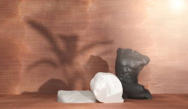 Kahverengi arka planda gölge doğa yaprakları olan taş ürün podyumu. 3B görüntüleme