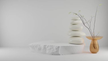 Feng shui japandi tarzı hafif arka planda taş ve bitkilerle ürün sergilenmesi için podyum. 3d oluşturma.