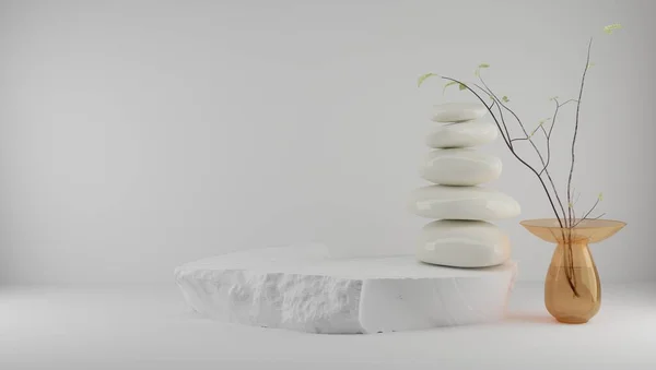 Feng shui japandi tarzı hafif arka planda taş ve bitkilerle ürün sergilenmesi için podyum. 3d oluşturma.