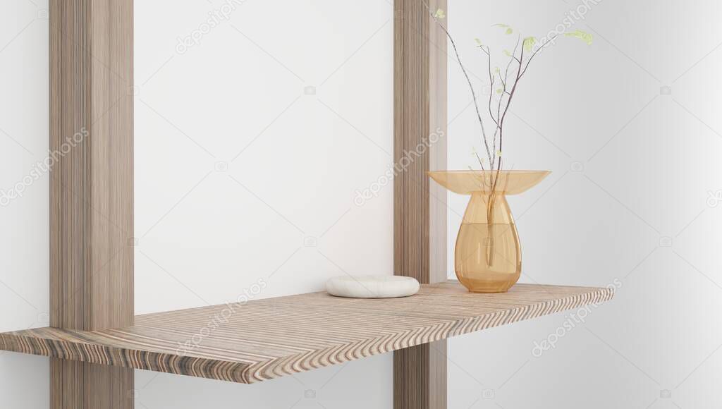 Podium for product display with feng shui japandi style wooden shelf, light background with stones and plants. 3d rendering.
