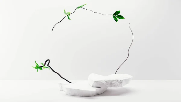 Feng shui japandi tarzı hafif arka planda taş ve bitkilerle ürün sergilenmesi için podyum. 3d oluşturma.