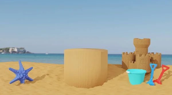 バケツとスペードと海の背景を持つ砂の城の3D壁紙をレンダリング夏の商品のプロモーションのための壁紙 表彰台表示製品 — ストック写真