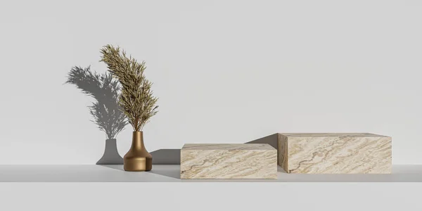 Gerçekçi ürün tanıtım podyumu Whit doğal bitkiler 3D. 3d oluşturma