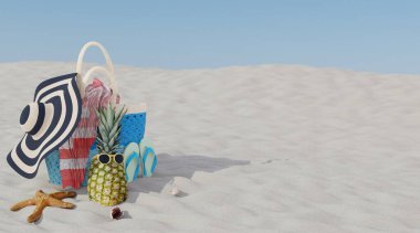 Beach scene with props for wallpaper, 3d rendering.