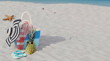 Beach scene with props for wallpaper, 3d rendering.
