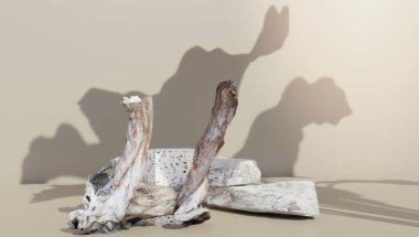 3D podium display set. Copy space white background. Cosmetics or beauty products promotion mock-up. Pedestal made of stone and natural wood.