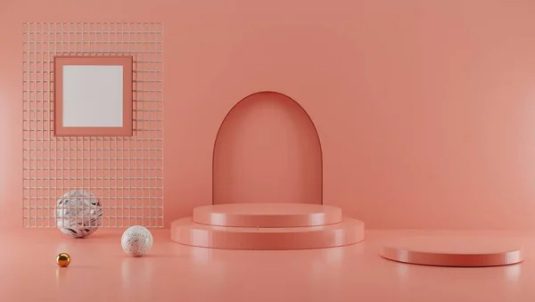 Taş silindir podyumu, pastel pembe arka planda ürün standı