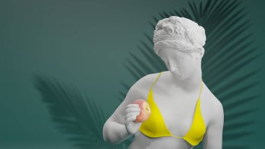 3D görüntüleme. Bikinili Tanrıça Venüs elma yiyor.