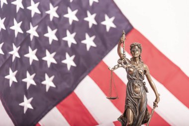 Adalet Anıtı Themis ya da Iustitia, Amerika Birleşik Devletleri bayrağına karşı gözü bağlı adalet tanrıçası, yasal bir kavram olarak.