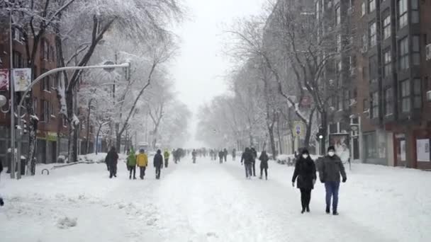 Puluhan Orang Berjalan Tengah Salju Tengah Jalan Atau Jalan Tertutup — Stok Video