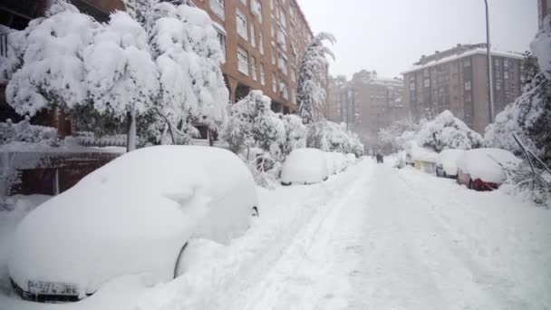 Plan Une Personne Marchant Madrid Sous Neige Milieu Une Rue — Video