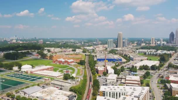 Atlanta Aerial V328 Flying Low West Midtown Sunny Cityscape November — стокове відео