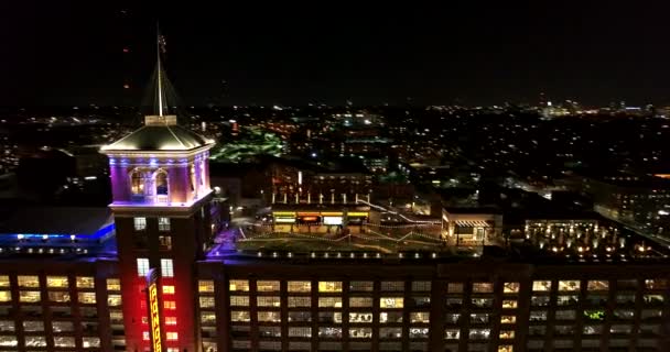 Atlanta Aerial V391 Panning Ponce City Market Rooftop Night View — Stock Video