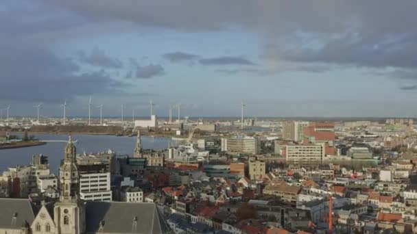 Antwerpen Belgium Aerial V29 Flying Downtown Schipperskwartier Scheldt River Linkeroever — Stock videók