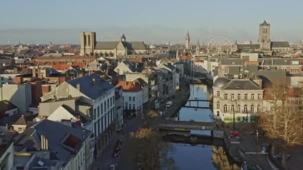 Gent Belgium Aerial Flying Low Leie Canal Neighborhood Downtown Cityscape — Stockvideo
