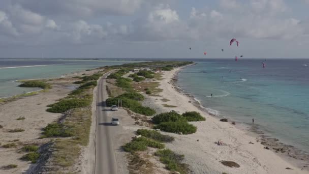 Bonaire Caribbean Netherlands Aerial V23 Moving South Kiteboarding Beach January — Stock Video