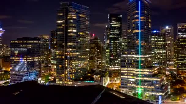 Vancouver Canada Aerial Low Flying Hyperlapse Looking Cityscape Skyline Night — стокове відео