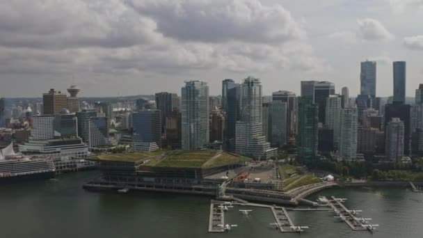 Vancouver Canada Aerial V13 Panning Coal Harbour District Stanley Park — Stock Video