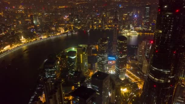 Shanghai China Air V40 Hyperlapse Birdseye Visão Noturna Rio Huangpu — Vídeo de Stock