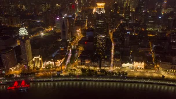 Shanghai China Aerial V39 Hyperlapse Birdseye Vista Nocturna Ribera Del — Vídeos de Stock