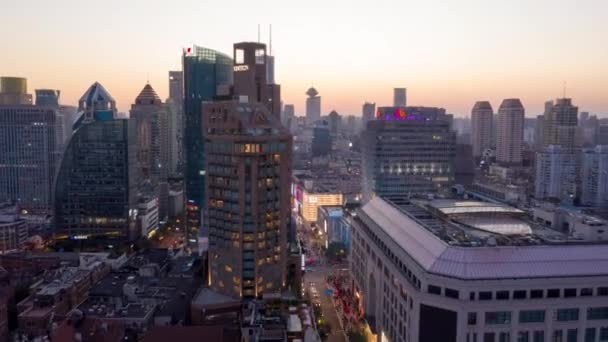 Shanghai China Aerial V48 Hyperlapse Dusk Flight Cityscape Riverfront View — стокове відео