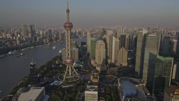 Shanghai Kina Antenn V129 Panning Birdseye Syn Ikoniska Pudong Stadsbild — Stockvideo