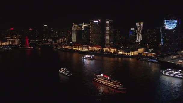 Shanghai China Aerial V151 Nighttime View North Bund Cityscape Lights — 비디오