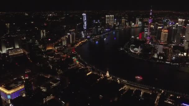 Shanghai China Air V155 Nighttime Descendente Paisagem Urbana Birdseye Bund — Vídeo de Stock