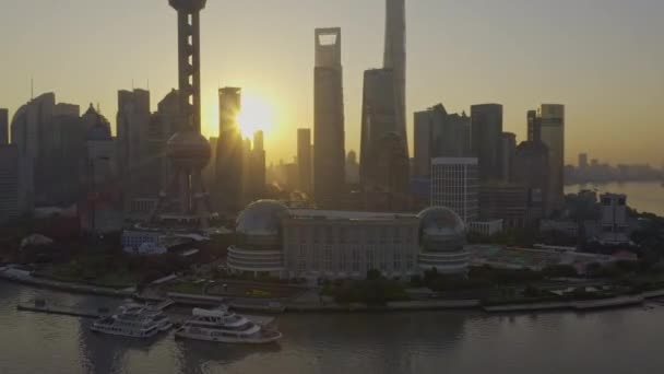 Shanghai Kina Flygfoto V164 Låg Utsiktsplats Pudong Soluppgång Stadsbild Oktober — Stockvideo