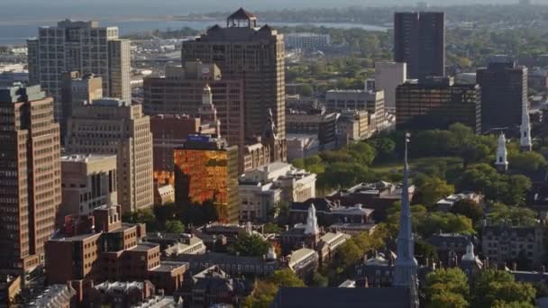 New Haven Connecticut Aerial Downtown Buildings Birdseye Detail Campus River — Stock Video