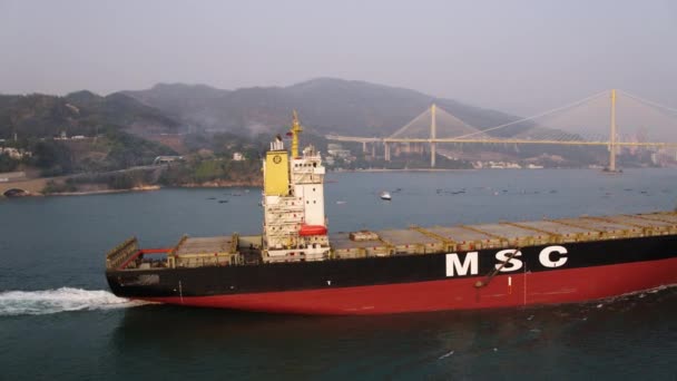 Aerial V16 Flying Low Large Carloker Ship Tung Wan Sea — 비디오