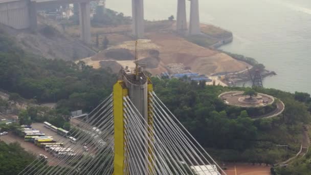 Aerial V160 Closeup Birdseye See Flying Ting Kau Bridge Pole — 비디오