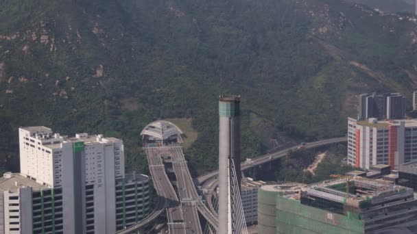 香港航空203Closeupbirdseye在昂船洲大桥杆塔周围飞行 可看到船厂的景色 2017年2月 — 图库视频影像