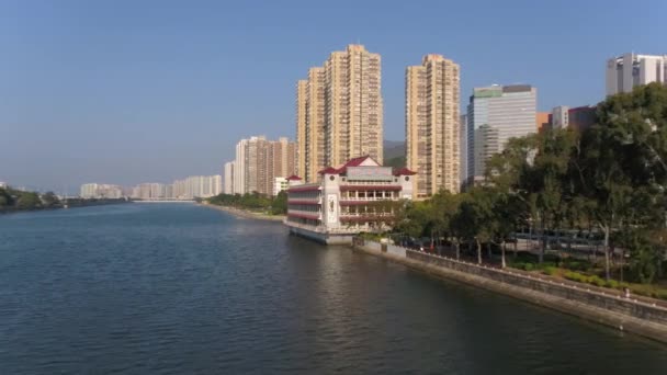 Hong Kong Aerial V209 Flying Low Shing Mum River Sha — стокове відео