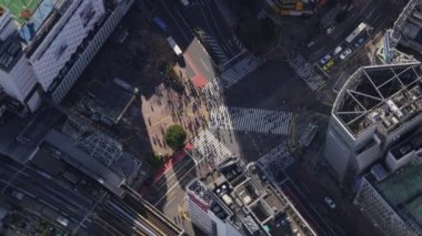 Tokyo Japon Hava V7 dikey kuş bakışı görüntüsü ünlü Shibuya kavşağı üzerinde alçaktan uçuyor - Şubat 2017