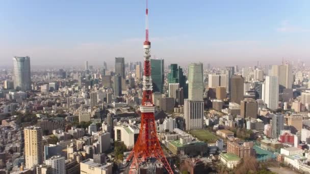 Tokyo Japan Aerial V33 Flying Low Back Tokyo Tower Cityscape — стокове відео