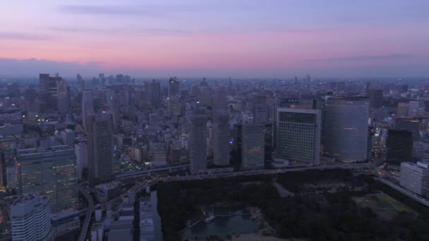 Tokyo Japan Aerial V140 Voando Sobre Porto Anoitecer Com Vistas — Vídeo de Stock