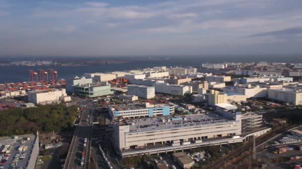 Tokyo Japan Aerial V130 Flying Low Shipyard Area Industrial Views — Video Stock