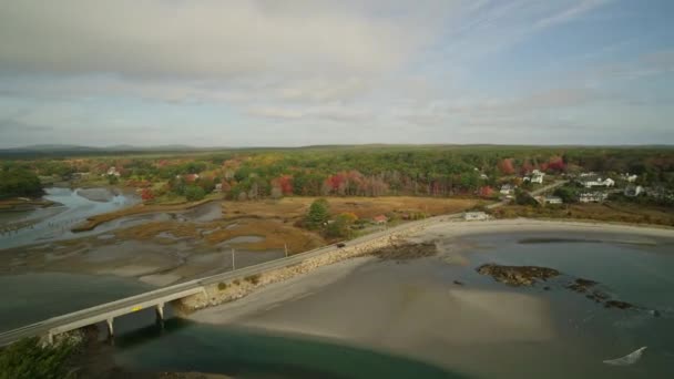 York Maine Aerial V67 Panoramic Reverse Estuary Campground View October — Stock Video