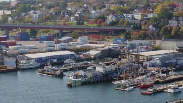 Portland Maine Aerial V30 Slow Panning Details Waterfront Wharf Scene — 비디오