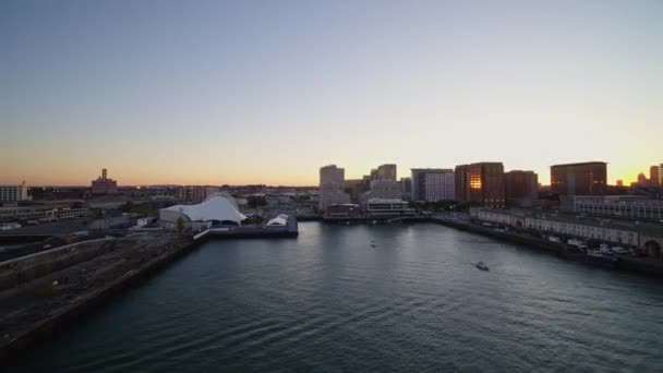 Boston Massachusetts Aerial V181 Panning Details Harborside Pavilion Sunset View — стокове відео