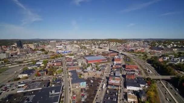 Worcester Massachusetts Aerial Flying Green Island District Downtown Central Hub — Stock Video