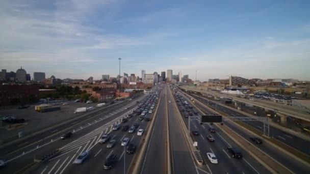 Boston Massachusetts Aerial V209 Freeway Traffic Detail Heading Downtown Skyline — Stock Video