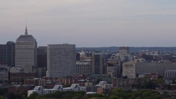 Boston Massachusetts Aerial V212 Traversing Boston Skyline Lower Vantage Back — Stock Video