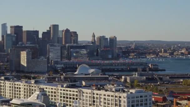 Boston Massachusetts Aerial V165 Panning Downtown Cityscape View Harbor Traffic — Stock Video