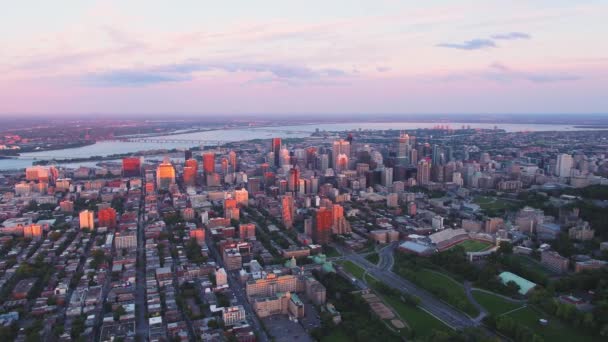 Montreal Quebec Aerial V10 Flying Downtown Panning Cityscape Views Sunset — Stock video