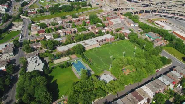 Montreal Quebec Aerial Survoler Terrain Parc Quartier Jusqu Paysage Urbain — Video